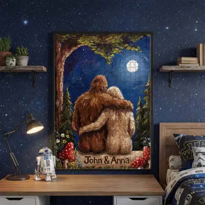 Custom Bigfoot Couple Wooden Jigsaw Puzzle Van Gogh Personalized Sasquatch Valentine Anniversary Gift