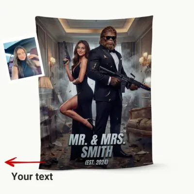 This Mr. and Mrs. Sasquatch plush anniversary blanket is the perfect way to cozy up with custom couple photos in a fun action-movie style.