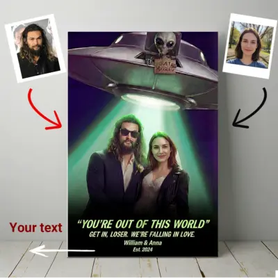 Custom Photo UFO Abduction Couple Canvas Funny Personalized Alien Valentine Anniversary Gift Wall Art
