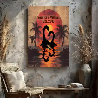 Personalized Nessie Couple Canvas Retro Tropical Sunset Loch Ness Monster Valentine Anniversary Art