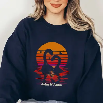 Personalized Nessie Couple Shirt Retro Sunset Loch Ness Monster Valentine Gift Custom Name