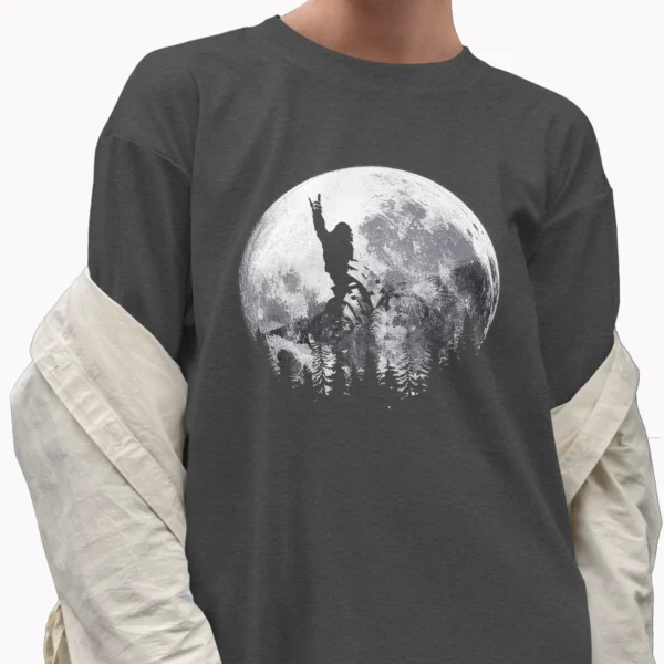 Cryptid MTB Shirt Bigfoot Rock Gesture on Bike