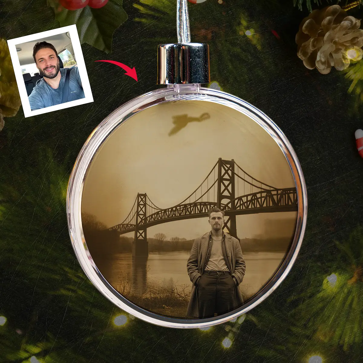 Personalized 1967 Mothman Sighting Ornament | Your Face in Lost Photo, Custom Christmas Gift 1 Personalized 1967 Mothman Sighting Ornament Your Face in Lost Photo, Custom Christmas Gift