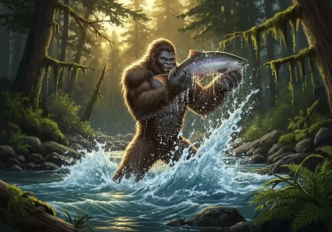 Bigfoot vs Yeti: If They Fought in 3 Different Arenas, Who Would Actually Win? 7 Bigfoot catching salmon in river