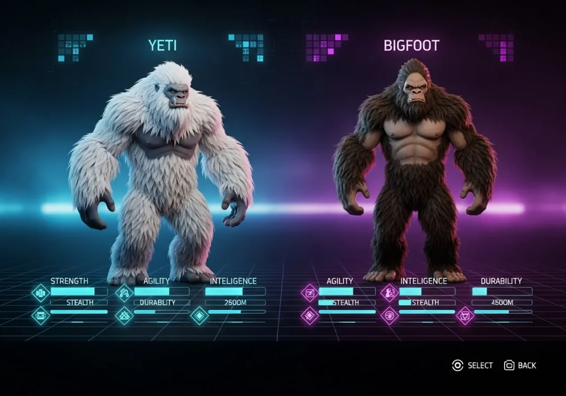 Bigfoot vs Yeti: If They Fought in 3 Different Arenas, Who Would Actually Win? 3 Yeti vs Bigfoot character stats screen