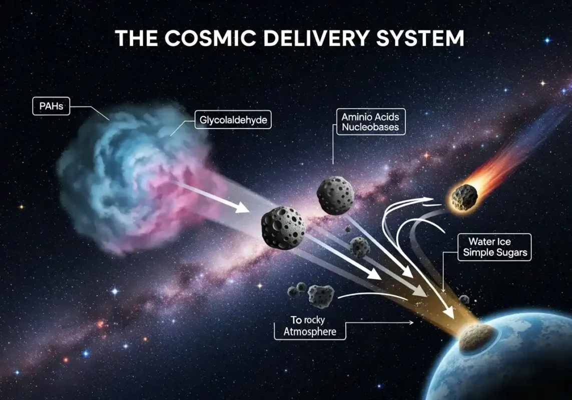 The Alien Question: 7 Pieces of Scientific Evidence That Point to Extraterrestrial Life by 2025 3 organic molecules in space delivery infographic