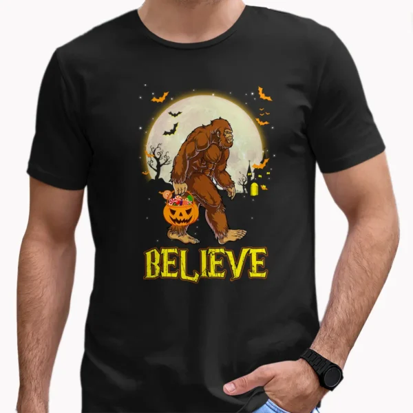 Believe Bigfoot Trick or Treat Shirt Funny Sasquatch Halloween Tee