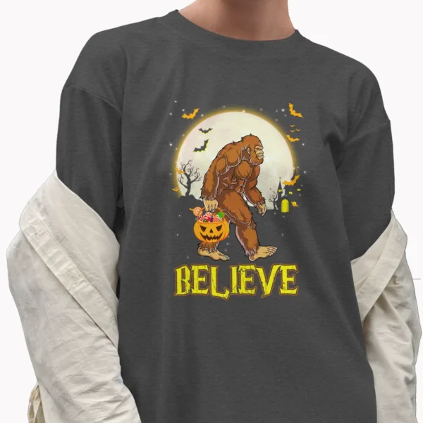 Believe Bigfoot Trick or Treat Shirt Funny Sasquatch Halloween Tee