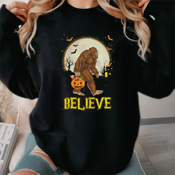 Believe Bigfoot Trick or Treat Shirt Funny Sasquatch Halloween Tee