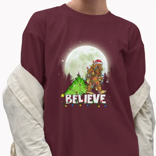 Believe Santa Bigfoot Christmas Shirt Full Moon Sasquatch Gift Tee