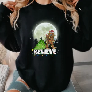 Believe Santa Bigfoot Christmas Shirt Full Moon Sasquatch Gift Tee