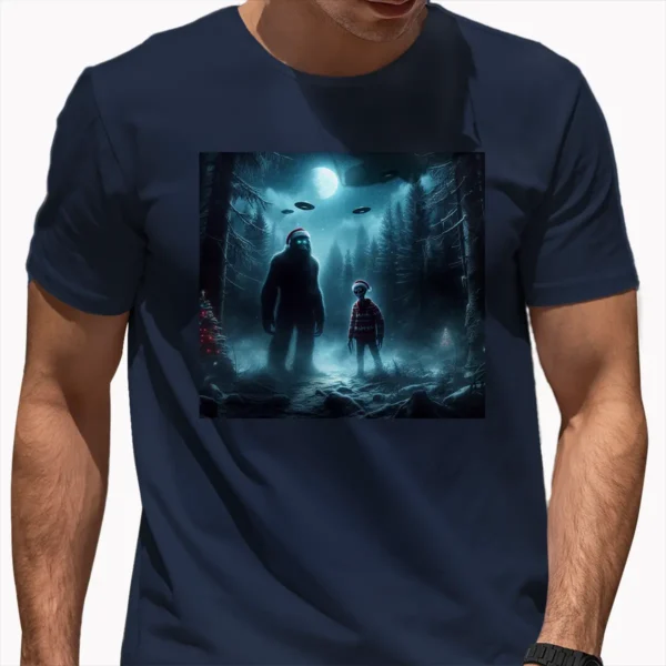 Bigfoot and Alien UFO Christmas Shirt Creepy Holiday Sci-Fi Tee