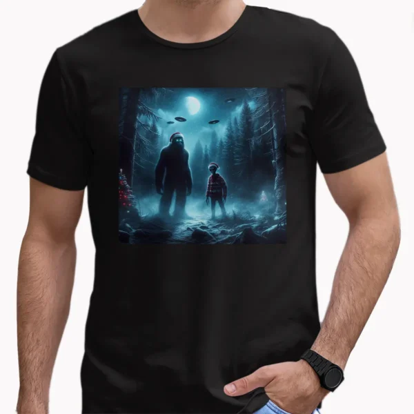 Bigfoot and Alien UFO Christmas Shirt Creepy Holiday Sci-Fi Tee