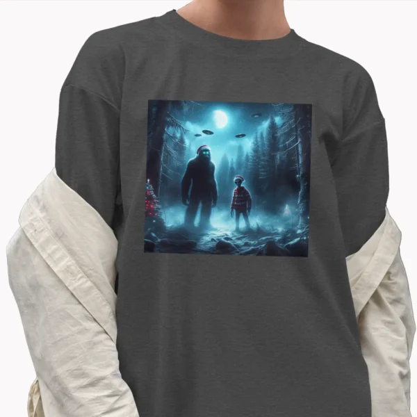 Bigfoot and Alien UFO Christmas Shirt Creepy Holiday Sci-Fi Tee