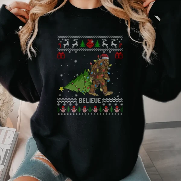 Bigfoot Believe Ugly Christmas Sweater Shirt Funny Sasquatch Gift Tee