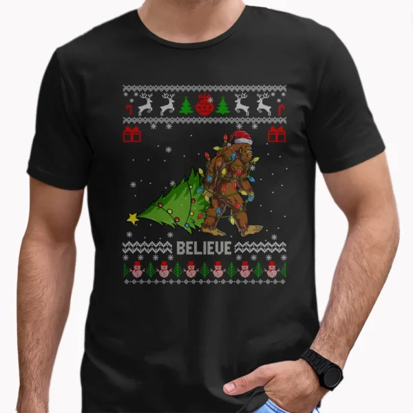 Bigfoot Believe Ugly Christmas Sweater Shirt Funny Sasquatch Gift Tee