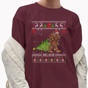 Bigfoot Believe Ugly Christmas Sweater Shirt Funny Sasquatch Gift Tee
