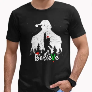 Bigfoot Silhouette Believe Christmas Shirt Rock Roll Santa Sasquatch Tee