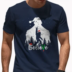 Bigfoot Silhouette Believe Christmas Shirt Rock Roll Santa Sasquatch Tee