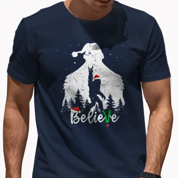 Bigfoot Silhouette Believe Christmas Shirt Rock Roll Santa Sasquatch Tee