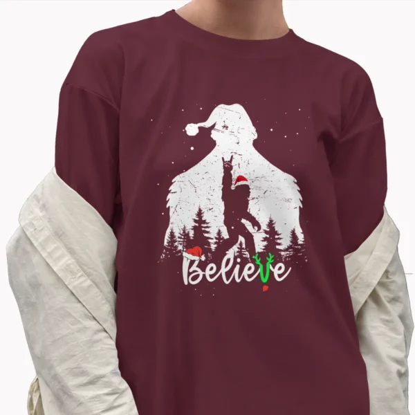 Bigfoot Silhouette Believe Christmas Shirt Rock Roll Santa Sasquatch Tee