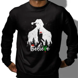 Bigfoot Silhouette Believe Christmas Shirt Rock Roll Santa Sasquatch Tee