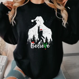 Bigfoot Silhouette Believe Christmas Shirt Rock Roll Santa Sasquatch Tee