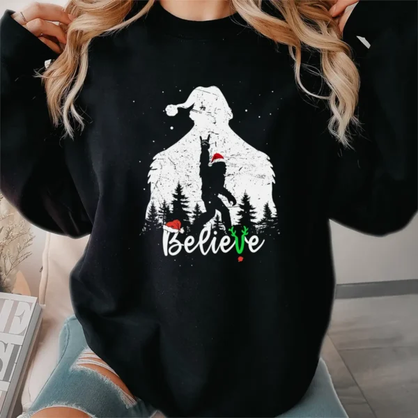 Bigfoot Silhouette Believe Christmas Shirt Rock Roll Santa Sasquatch Tee