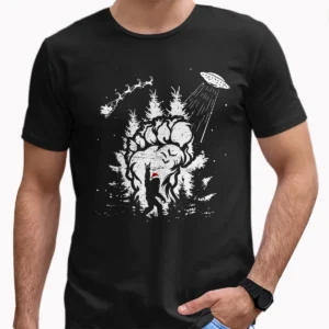 Bigfoot UFO Santa Abduction Christmas Shirt Funny Sasquatch Paw Print Tee