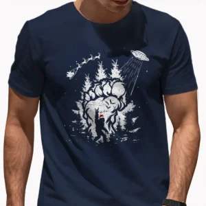 Bigfoot UFO Santa Abduction Christmas Shirt Funny Sasquatch Paw Print Tee