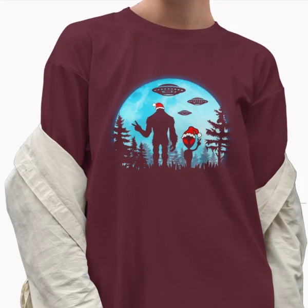 Full Moon Bigfoot Alien Christmas Shirt Funny UFO Gift Tee