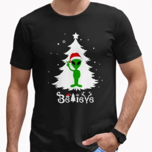 Funny Alien Believe Christmas Shirt UFO Extraterrestrial Gift Tee