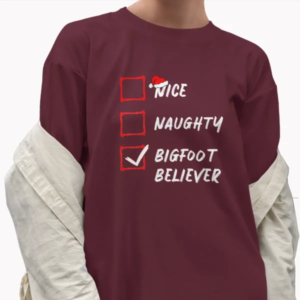 Funny Bigfoot Believer Christmas Checklist Shirt Naughty or Nice Tee
