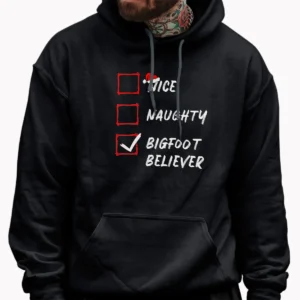 Funny Bigfoot Believer Christmas Checklist Shirt Naughty or Nice Tee