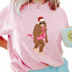 Funny Bigfoot Flamingo Christmas Shirt Tropical Holiday Sasquatch Tee