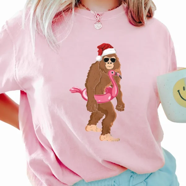Funny Bigfoot Flamingo Christmas Shirt Tropical Holiday Sasquatch Tee