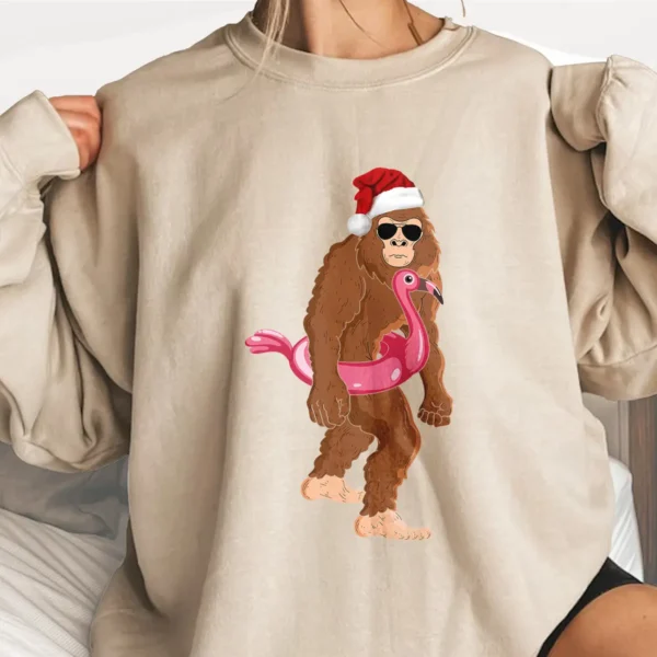 Funny Bigfoot Flamingo Christmas Shirt Tropical Holiday Sasquatch Tee