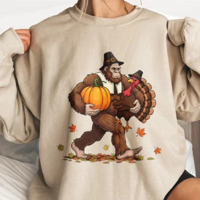 Funny Bigfoot Pilgrim Thanksgiving Shirt Sasquatch with Turkey & Pumpkin Tee