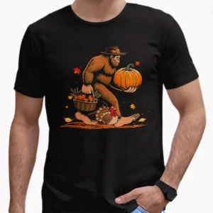 Funny Bigfoot Thanksgiving Shirt Sasquatch Pilgrim & Turkey Fall Tee