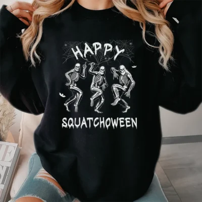 30+ Best Bigfoot Clothing & Apparel Items for Every Believer 19 Happy Squatchoween Funny Dancing Bigfoot Skeleton Halloween Shirt