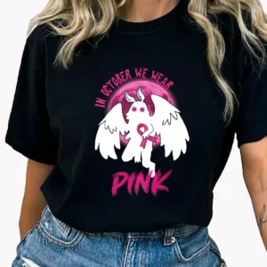 In October We Wear Pink Mothman Breast Cancer Awareness Shirt Gift