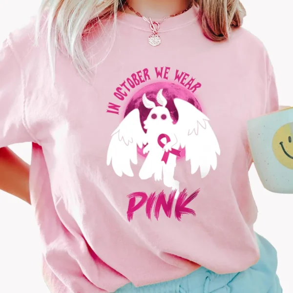 In October We Wear Pink Mothman Breast Cancer Awareness Shirt Gift