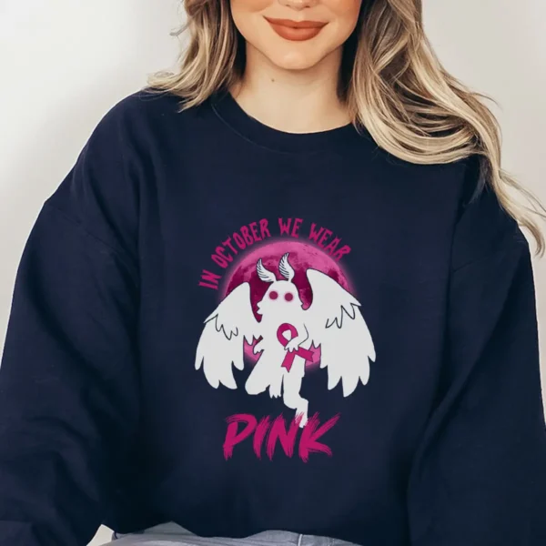 In October We Wear Pink Mothman Breast Cancer Awareness Shirt Gift