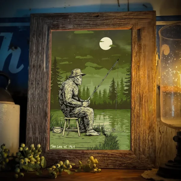 Personalized Bigfoot Fishing Poster Custom Gift for Dad Angler Wall Decor