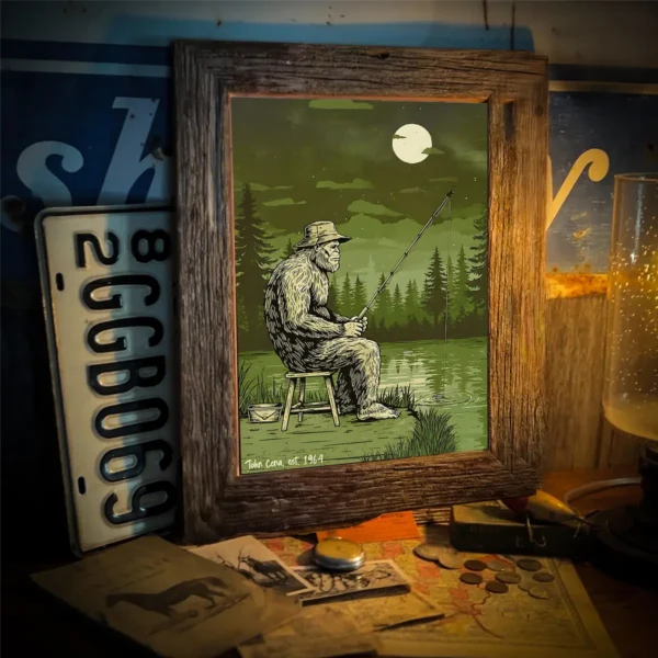 Personalized Bigfoot Fishing Poster Custom Gift for Dad Angler Wall Decor