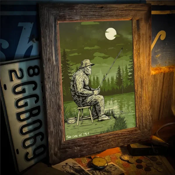 Personalized Bigfoot Fishing Poster Custom Gift for Dad Angler Wall Decor