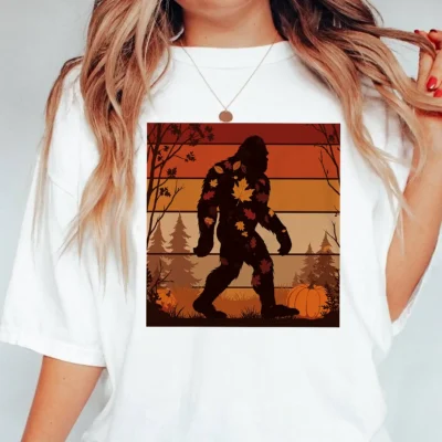 Retro Bigfoot Fall Leaves Shirt Vintage Autumn Sasquatch Gift Tee