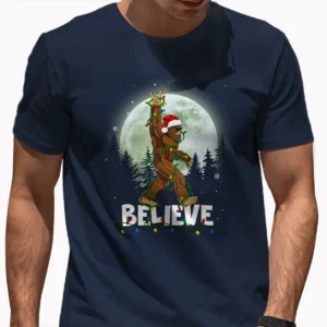 Rock and Roll Santa Bigfoot Christmas Shirt Funny Believe Sasquatch Tee