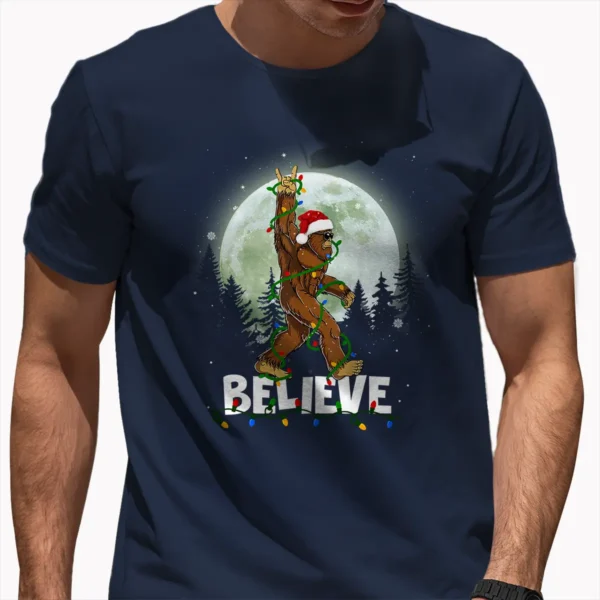 Rock and Roll Santa Bigfoot Christmas Shirt Funny Believe Sasquatch Tee
