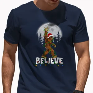 Rock On Bigfoot Believe Christmas T-Shirt Funny Santa Sasquatch Tee